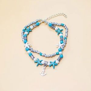 Brand New Blue White Breaded Boho Anklet Anchor Charm